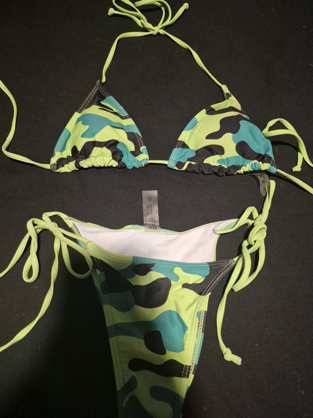 Neon Green Camo Tie-Side Triangle Bikini - Women Swim